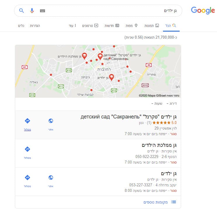 חיפוש גן ילדים בגוגל - אזור רחובות